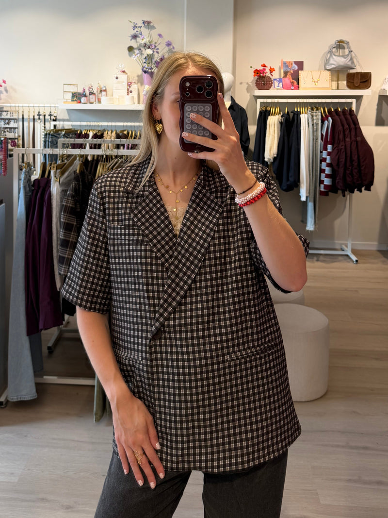 Blazer korte mouw ruitjes | zwart