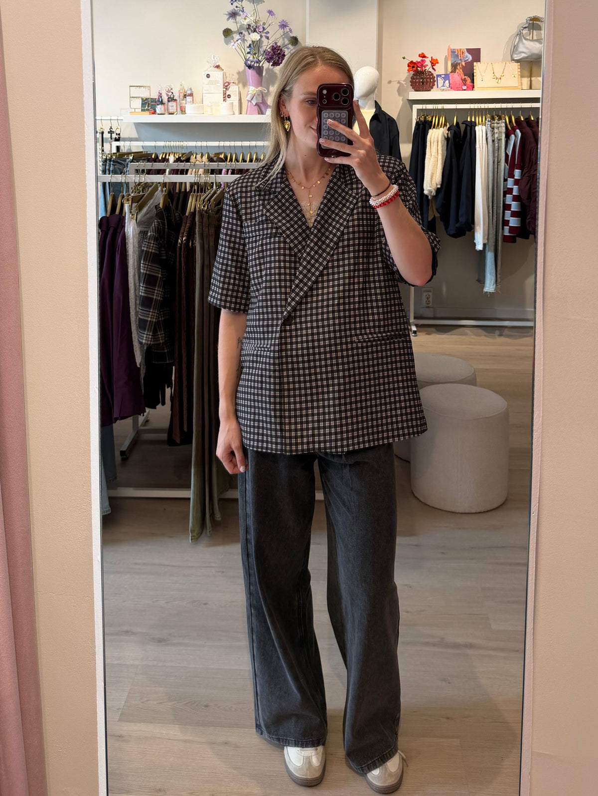 Blazer korte mouw ruitjes | zwart