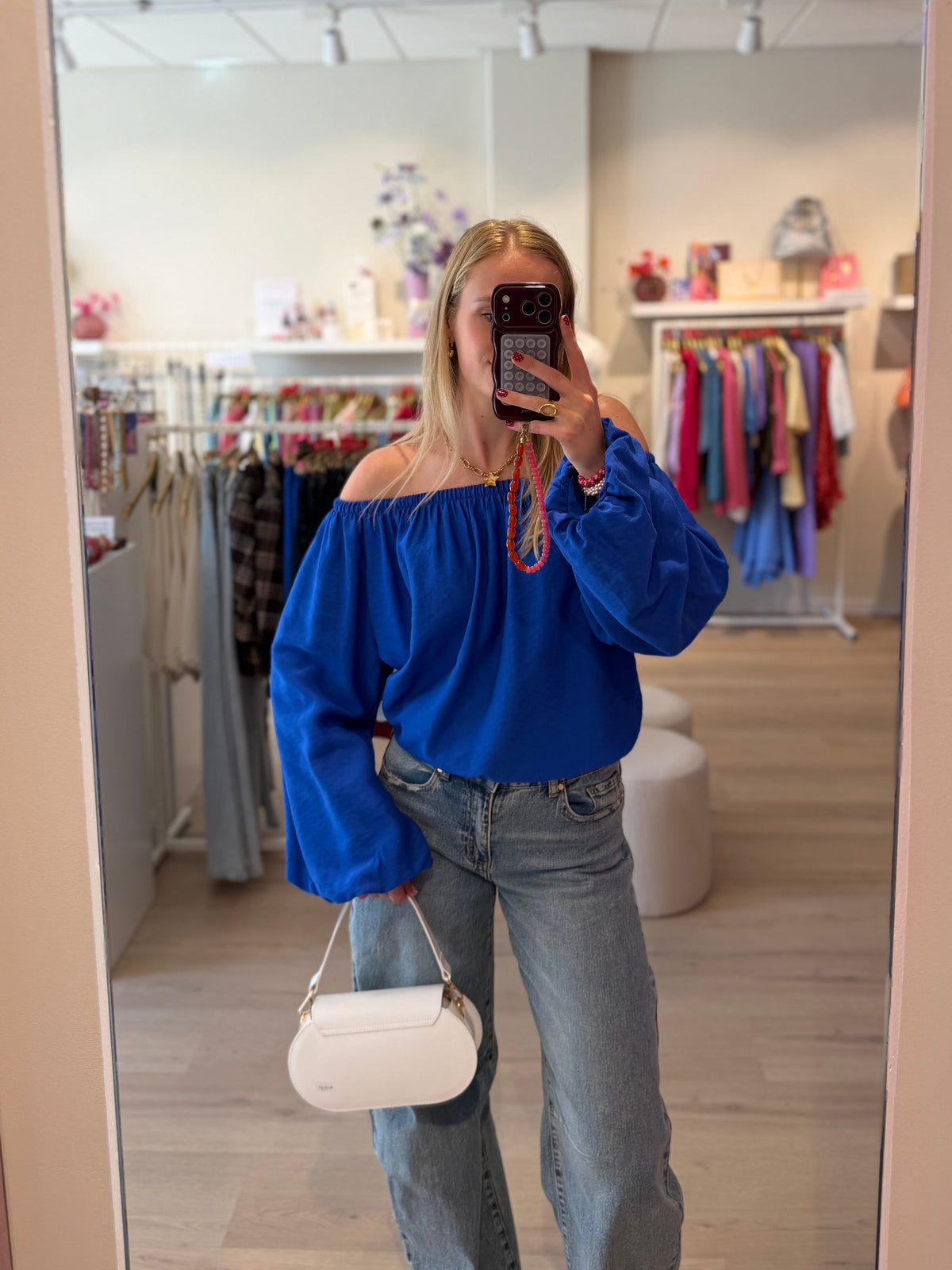 Blauwe off shoulder top | one size