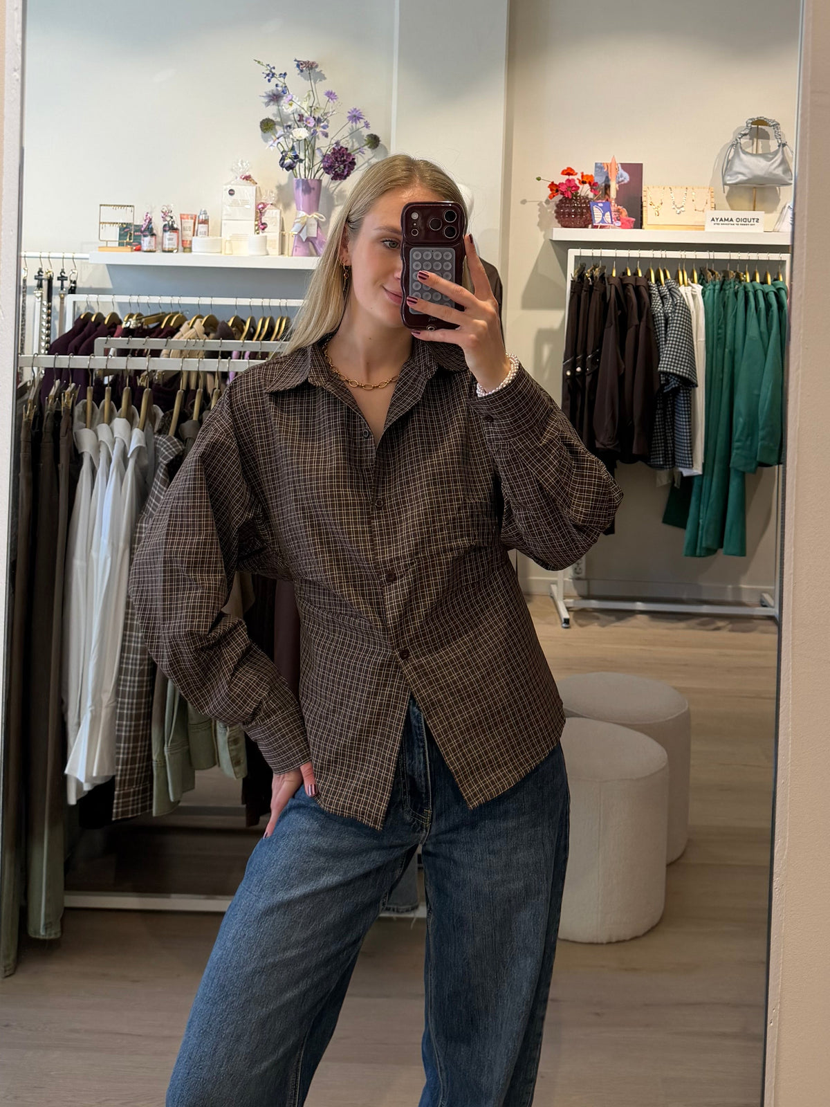 Blouse ruitjes | bruin