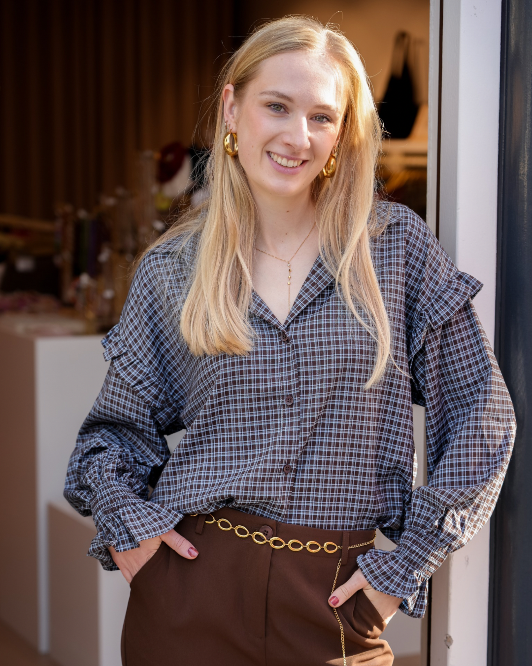 Blouse Ruitjes | Azzurro | blauw/bruin